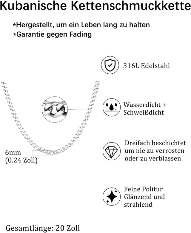 Detalle de Aretas Herren Halskette aus Edelstahl (Panzerkette 6 mm) – Cuban Link Chain, Silber, Geschenk für Sohn/Papa