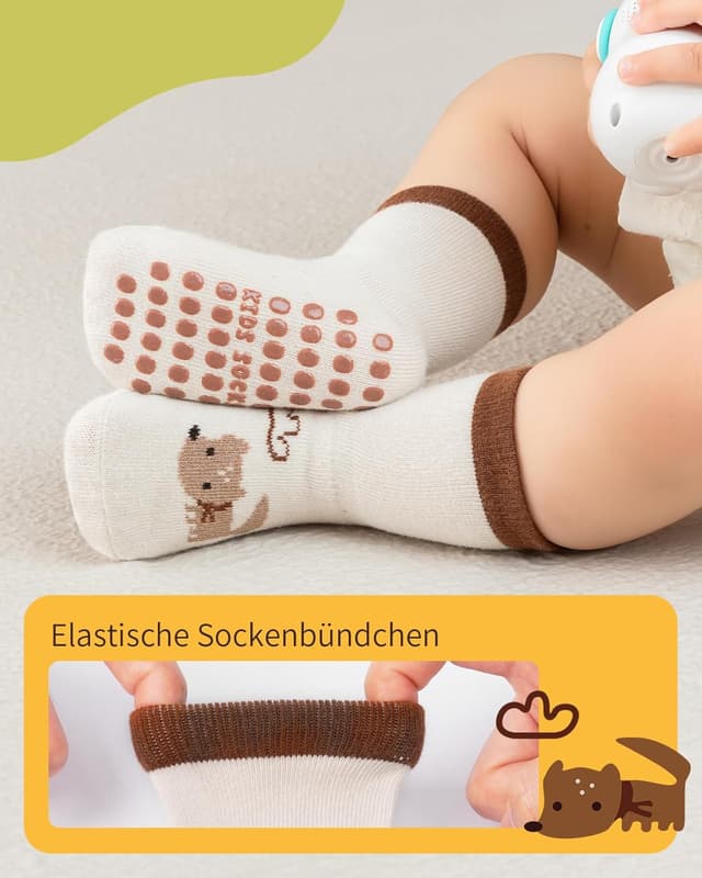 Detalle de Kyopp 5/10 Paar Baby- und Kleinkinder-Socken mit ABS-Noppen (Tiermotive) – rutschhemmend, Baumwolle