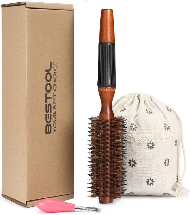 Detalle de BESTOOL Brosse ronde en poils de sanglier pour séchage au sèche-cheveux (baril en bois) – lissage et boucles