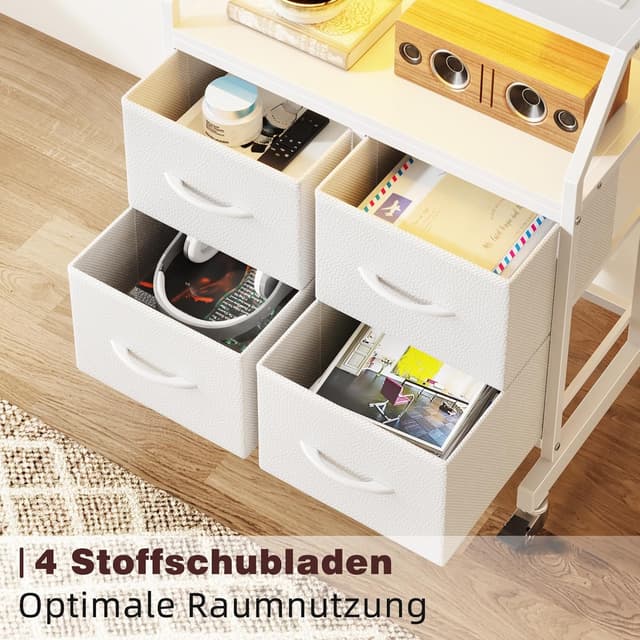 Detalle 2 de OYRREU TV-Ständer mit LED, Rollen, integrierten Steckdosen & höhenverstellbarer Halterung (4 Schubladen, weiß)