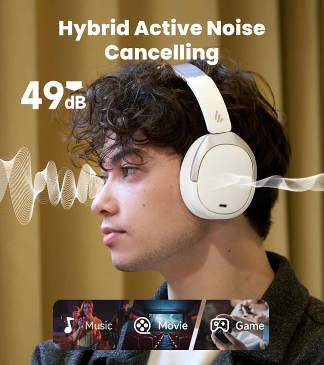 Detalle de Edifier W80 over-ear headphones with -49dB hybrid active noise cancelling, LDAC, AI clear calls, multipoint (ivory)