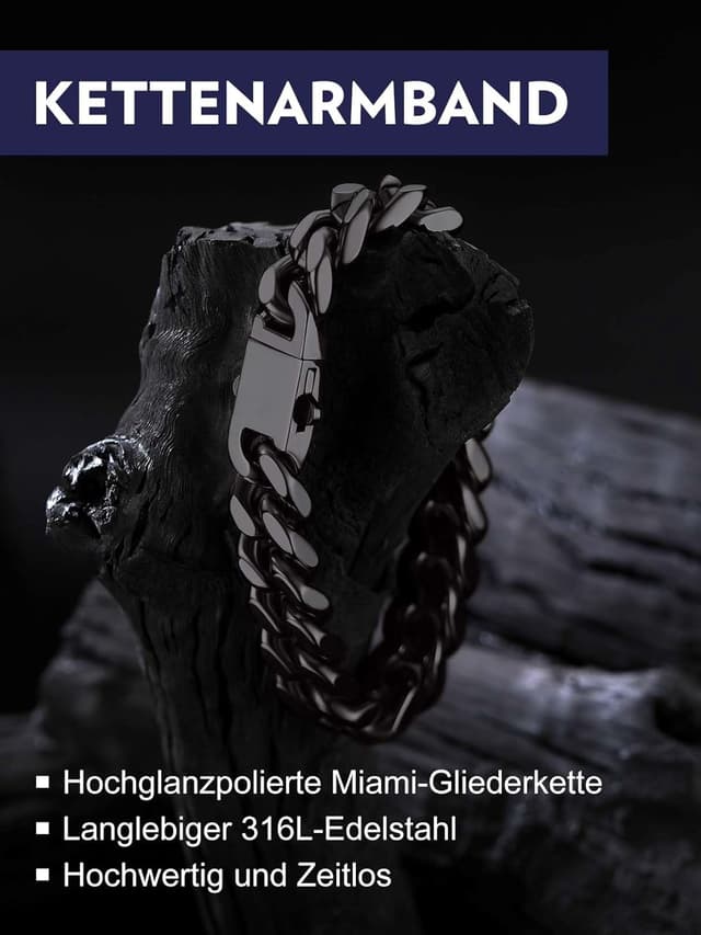 Detalle de Bandmax Herren-Armbänder aus Edelstahl – Panzerarmband im Cuban-/Miami-Glieder-Design (5/7/9/12 mm) in Silber/Schwarz/Gold