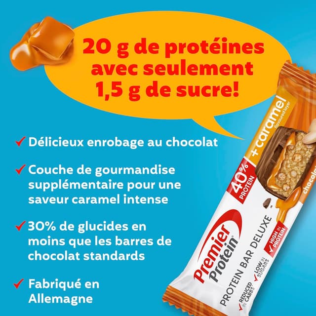 Detalle 2 de Premier Protein Protein Bar Deluxe 40% Chocolat Cacahuète – lot de 12 (50 g) : faible en sucres, 20 g de protéines