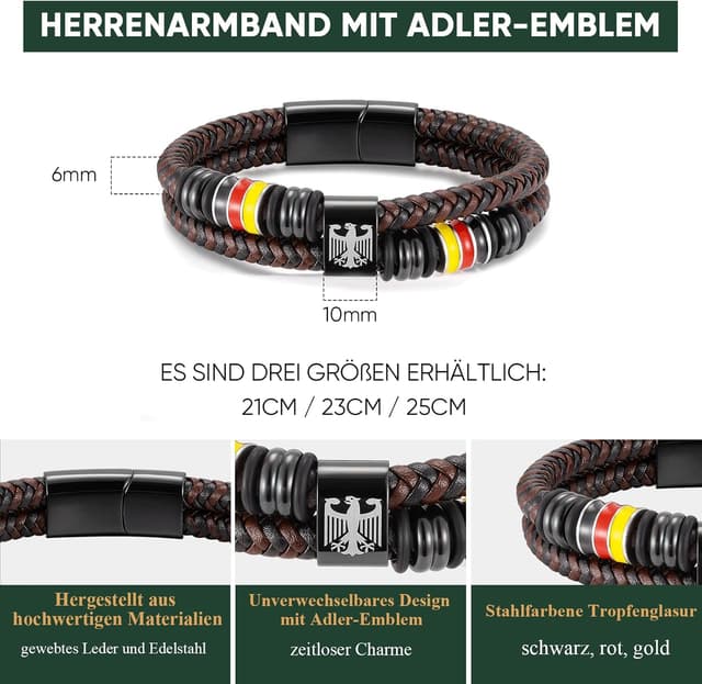 Detalle de Deutschland Adler Herrenarmband mit Edelstahl-Anhänger & Lasergravur, Lederband (21/23/25 cm), schwarz