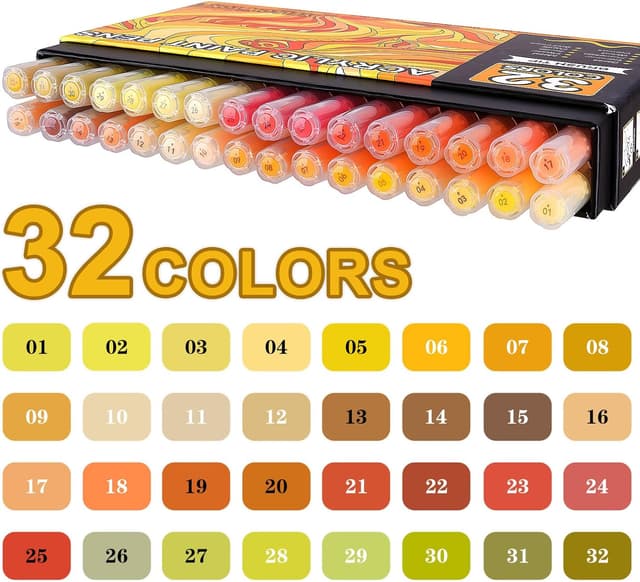 Detalle 2 de NICETY 32 Colour Yellow Acrylic Paint Pens (1–5mm) – Water-Based Acrylic Markers with Brush Tip