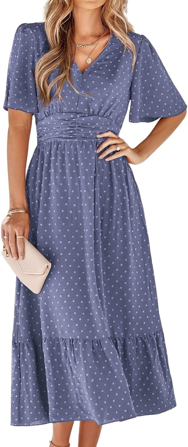 Detalle de BebreezChic Sommerkleid Damen lang Boho mit Swiss-Dot, V-Ausschnitt und geraffter hoher Taille