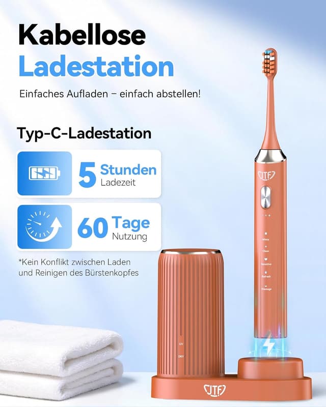 Detalle de JTF Brosse à dents électrique sonique avec station UV et séchage, 5 modes, 6 têtes de rechange