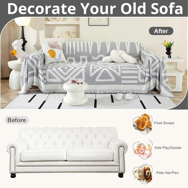 Detalle 2 de Royhom Housse de canapé d’angle 3 places en chenille grise claire (180x340 cm) avec glands décoratifs