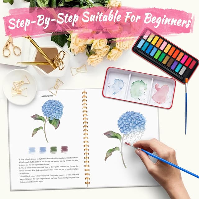 Detalle de Cbcmpica Watercolor Workbook & Beginner Painting Kit (Flowers & Animals, 24-Color Palette)