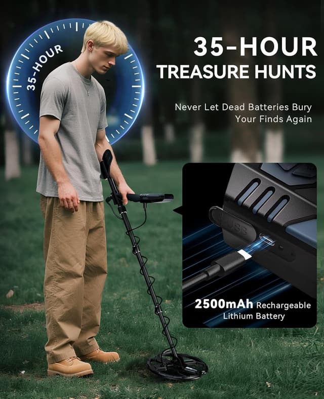 Detalle de SUNPOW Rechargeable Metal Detector for Adults with 10'' Deep Dual-D Coil, 35H Lithium Battery and 7-Metal ID