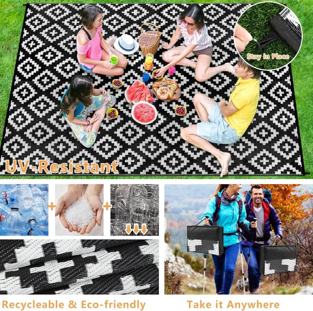 Detalle 2 de Homcomodar Outdoor Rug Reversible 245x305cm (Black) UV resistant polypropylene camping mat