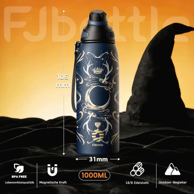 Detalle 2 de Fjbottle Sport-Trinkflasche aus Edelstahl (1000 ml) mit magnetischem Deckel – auslaufsicher & BPA-frei