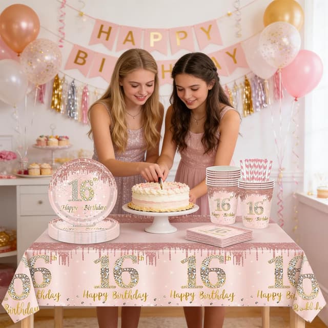 Detalle 2 de YRsorn 16. Geburtstag Mädchen Partygeschirr „Sweet 16“ für 16 Gäste