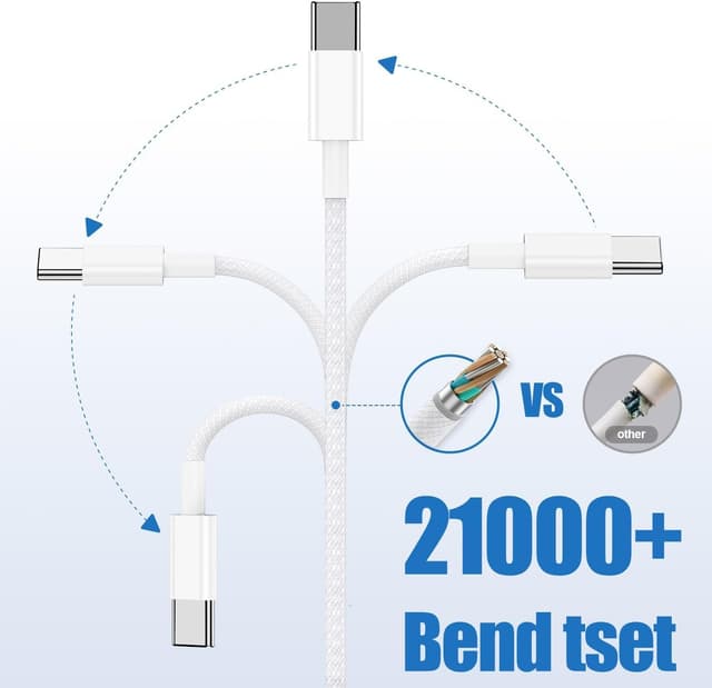 Detalle de Qalirvis USB-C auf USB-C Ladekabel (3 m) mit 60 W Power Delivery und Nylongeflecht – für iPhone, iPad & MacBook