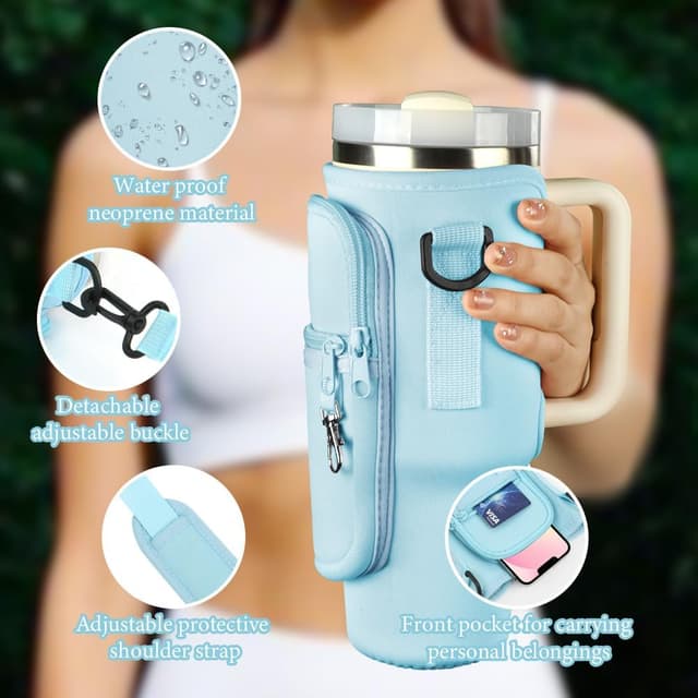 Detalle 2 de AYESY Water Bottle Carrier Bag for Stanley Quencher 40 oz (Blue) with Adjustable Strap & Phone Pocket
