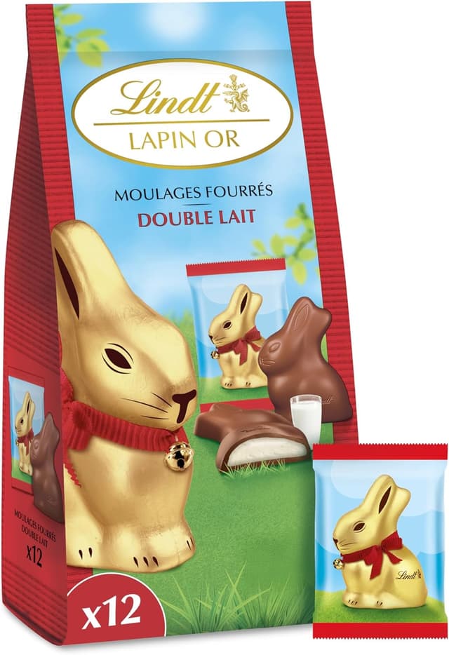 Detalle de Lindt Sachet de moulages LAPIN OR – Chocolat au lait et cœur double lait, idéal Pâques (130 g)