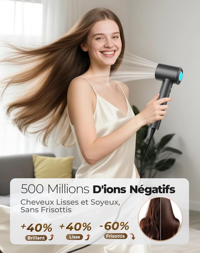 Detalle de Haokoo Sèche-cheveux ionique professionnel 150 000 tr/min – 8 réglages LED, léger et silencieux (noir)