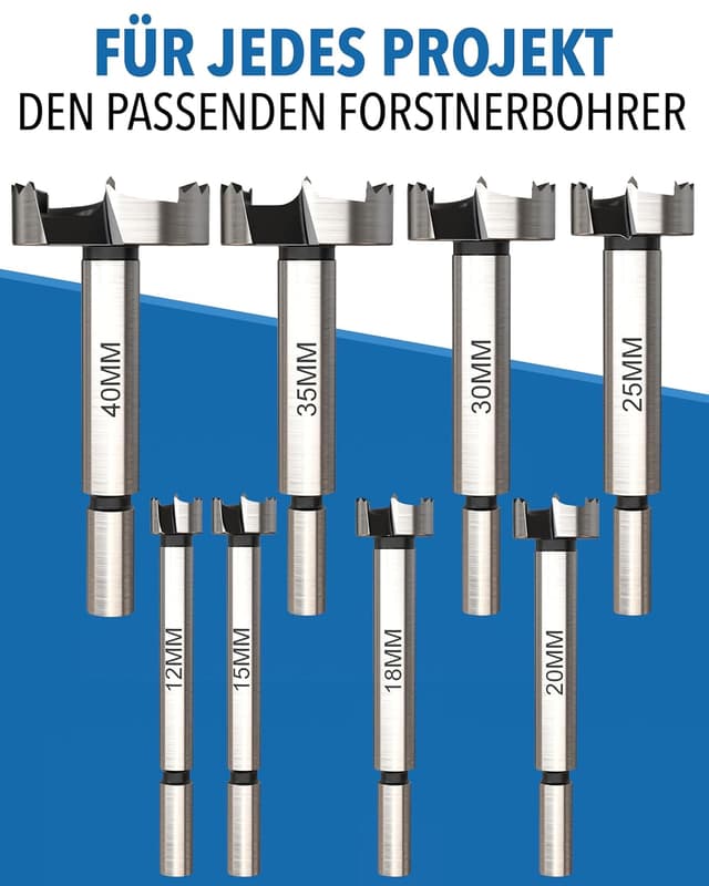 Detalle 2 de Forstnerbohrer-Set 8-teilig 12–40 mm inkl. Aufbewahrungsbox – Präzisionsbohrer für Holz, Scharniere & Möbelbau