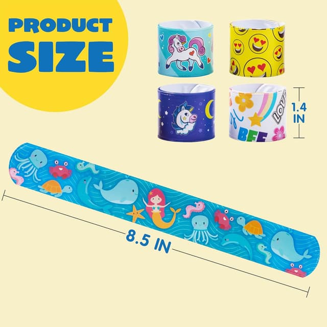 Detalle 2 de JOYIN Slap Band 100er Pack Slap-Armbänder mit 30 Designs (u. a. Einhorn, Herzen) – 22 cm