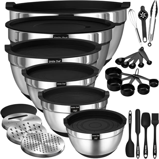 Detalle de Umite Chef Thickened 26-Piece Stainless Steel Mixing Bowls Set with Airtight Lids & 3 Grater Attachments