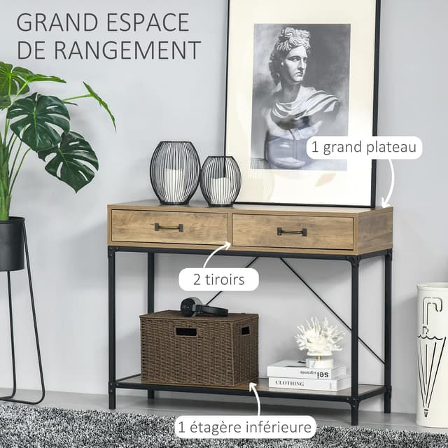 Detalle de HOMCOM Table Console d’entrée industrielle avec 2 tiroirs et plateau aspect bois (100 x 35 x 76 cm)