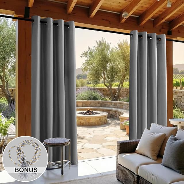 Detalle 2 de Clothink 2er-Set Outdoor-Vorhänge (wasserfest, winddicht, schnelltrocknend) mit Ösen, 132x215 cm, Grau
