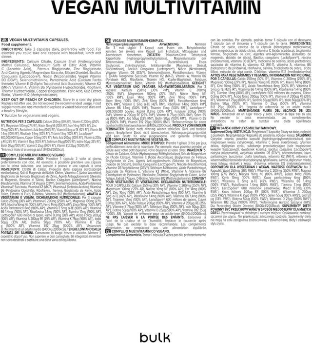 Detalle 2 de Bulk Complexe Multivitaminé Végétalien 90 gélules : vitamines B12, fer, zinc et minéraux