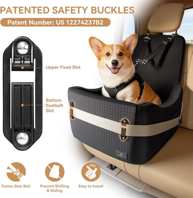 Detalle de PETSFIT Hundesitz für Auto bis 15 kg – 15 cm Memory-Foam Booster mit Sicherheitsgurt-System, waschbarer Bezug (Schwarz)