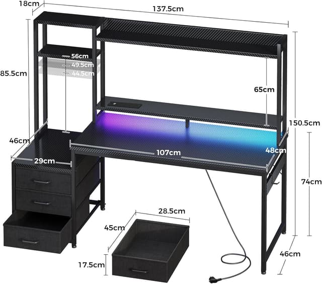 Detalle de Coleshome Gaming Desk with Drawers & Display Shelves (138×48 cm) with LED Lights & Sockets – Carbon Fibre Black