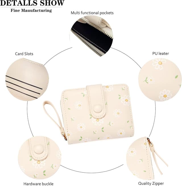 Detalle 2 de LZSXDWXY Damen-Geldbörse mit Gänseblümchen-Motiv, Außen-Reißverschluss & Kartenfächern
