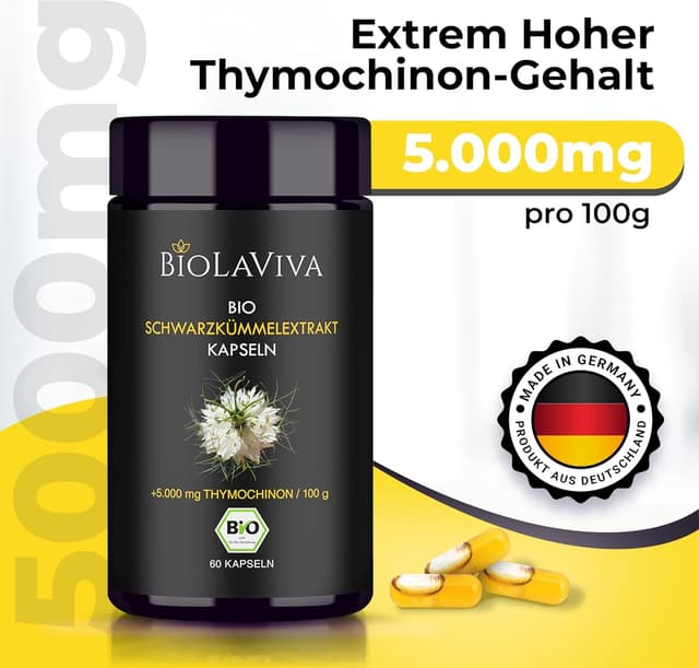 Detalle de Premium BIO Schwarzkümmelöl Kapseln (Nigella sativa) – 5.000 mg Thymochinon, 60 vegane Kapseln im lichtgeschützten Violettglas