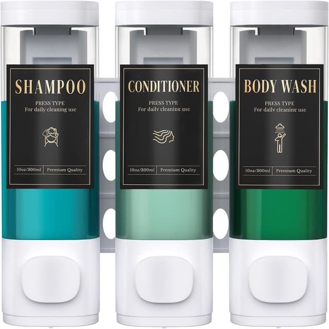 Detalle de Luxspire 3-Chamber Wall Mounted Shampoo & Conditioner Dispenser (No-Drill), White