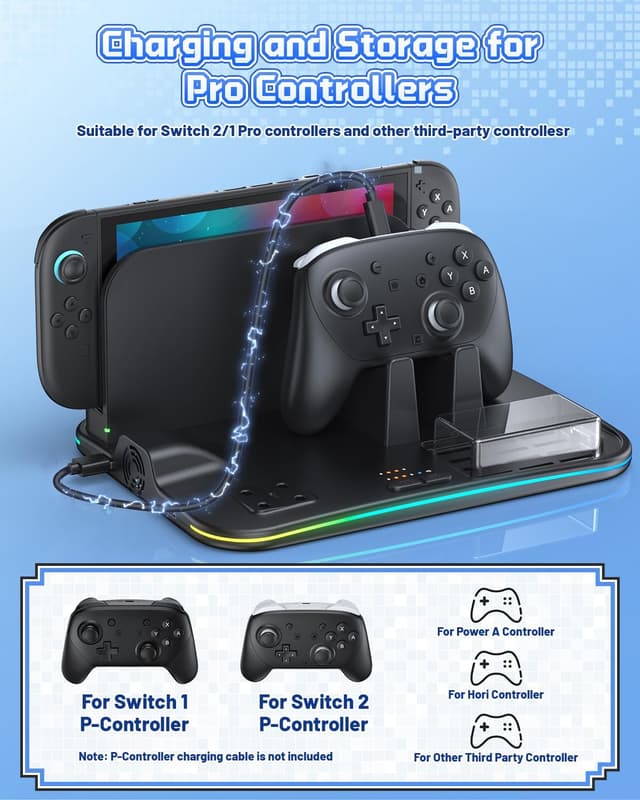 Detalle de FASTSNAIL RGB Controller Ladestation für Switch / Switch OLED (für Joy-Cons & Pro Controller), extra große Standstation