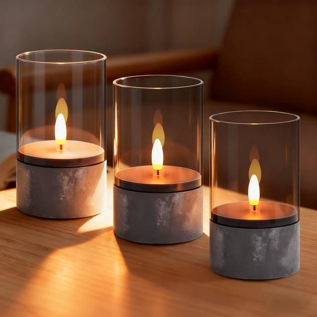 Detalle de Dixmas 3 Stück flammenlose LED-Kerzen – 3D-Docht, realistisch flackernd, grau (je Ø 7,5 cm, Höhe 12,5 cm)