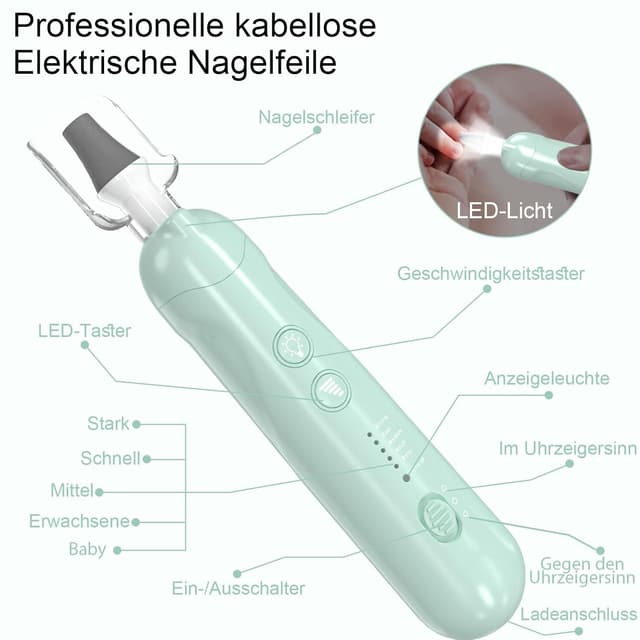 Detalle de AOMEES Elektrische Nagelfräser Set für Maniküre & Pediküre mit 9 Aufsätzen, LED und 5 Geschwindigkeiten