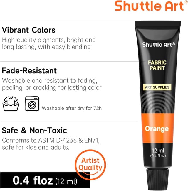 Detalle 2 de Shuttle Art waschmaschinenfeste Textilfarbe (15 x 12 ml) im Set mit 3 Pinseln – zum Bemalen & Färben von Stoffen