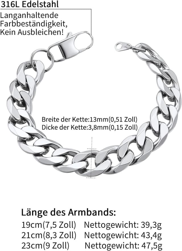 Detalle 2 de ChainsHouse Panzer Armband aus 316L Edelstahl – kubanische Kette mit Karabinerverschluss (13 mm breit, 21 cm Länge)