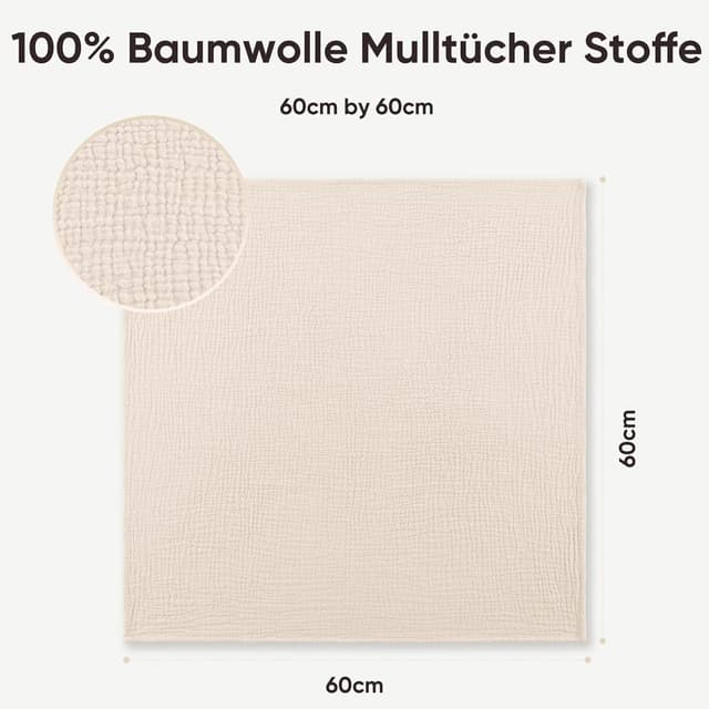 Detalle 2 de Bearmoss Moltontücher Baby-Spucktücher aus 100% Baumwolle, 6er-Set 60x60 cm – Musselin-Material (Weiße Aprikose)