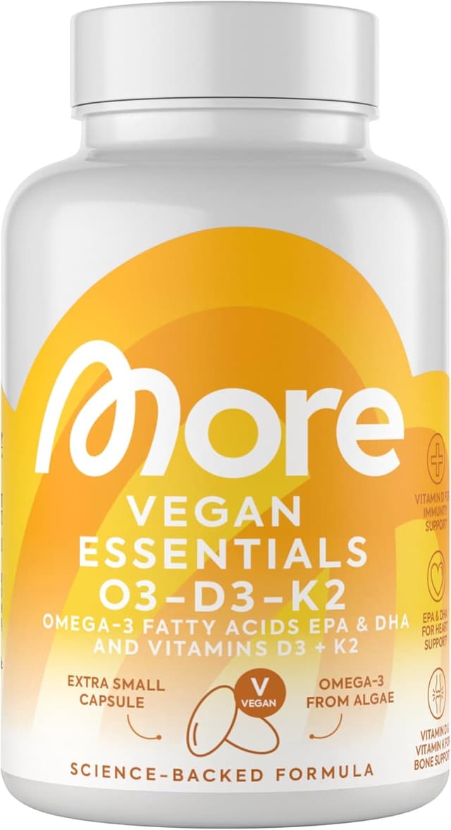Detalle de MORE Vegan Essentials O3-D3-K2 (80 Kapseln) – veganes Omega-3 aus Algenöl mit Vitamin D3 & K2