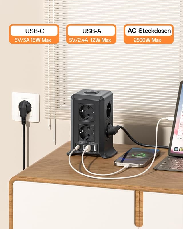 Detalle de KEMELO Mehrfachsteckdose USB-C 8-fach 2500 W
