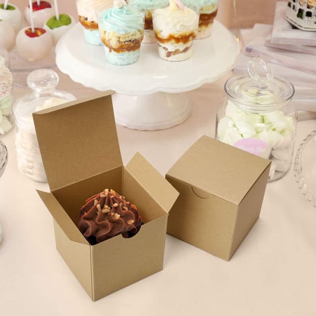 Detalle de Switory 50pc Kraft Present Boxes with Lids (10x10x10cm) – easy-fold gift and cupcake boxes