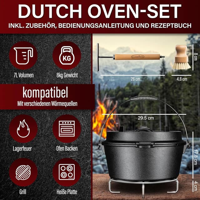 Detalle 2 de GUSSKÖNIG Dutch Oven Set (7L) – eingebrannter Gusseisen-Feuertopf ohne Füße mit 2in1 Deckelheber-Set