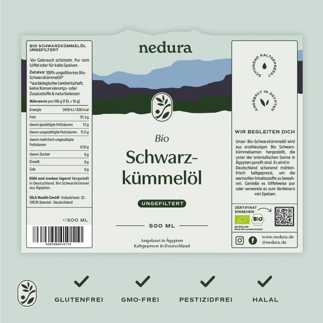 Detalle 2 de nedura® Schwarzkümmelöl BIO, kaltgepresst & ungefiltert (ungefiltert) 500 ml