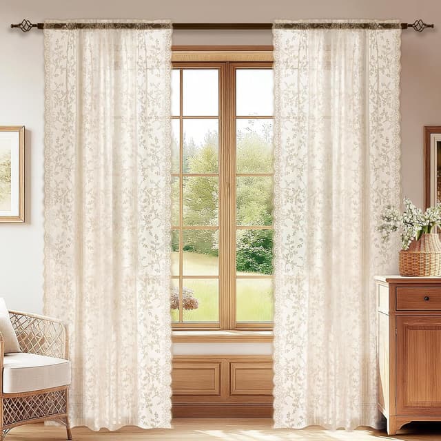 Detalle de YSTELLAA rideaux semi-transparents en voilage, lot de 2 pièces 70x240 cm, pour tringle passe-tringle (beige)