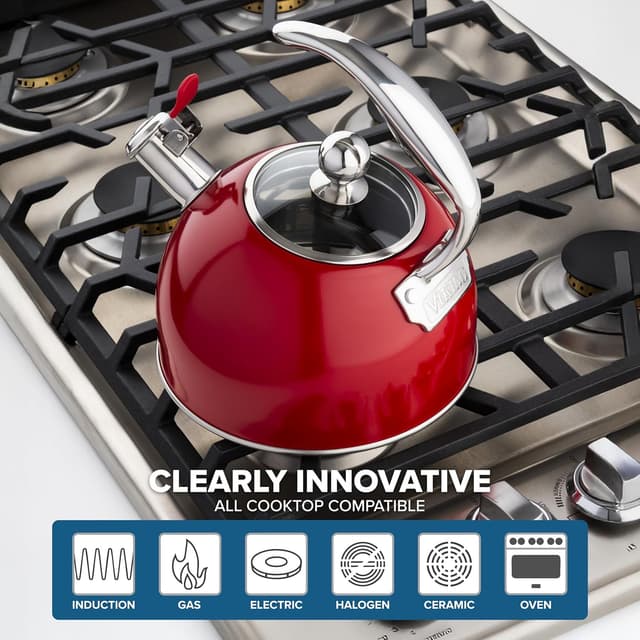 Detalle de Viking 3-Ply Stainless Steel Tea Kettle, 2.6 Quart Whistling Stovetop Pot with Tempered Glass Lid (Red)