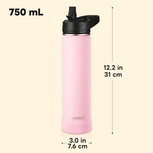 Detalle de CIVAGO 750ml Insulated Stainless Steel Water Bottle with Straw (Pink)