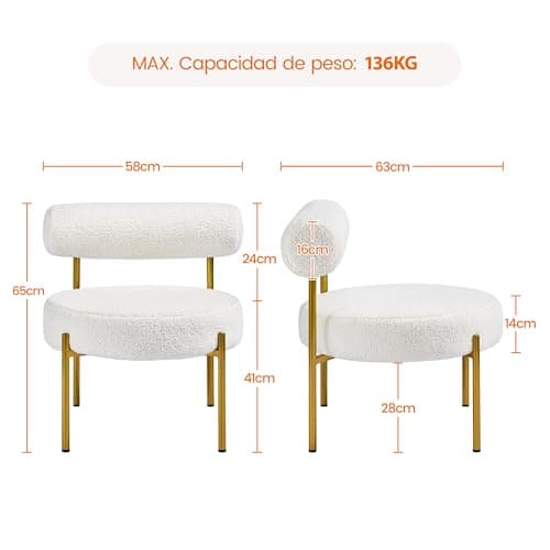 Detalle de Yaheetech silla de comedor tapizada estilo relax en bouclé blanco (capacidad hasta 136 kg)