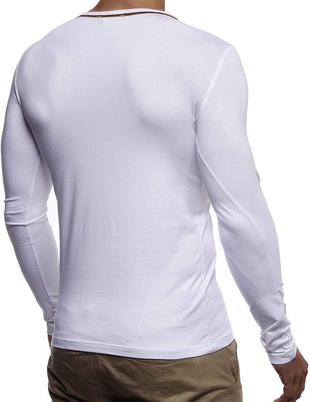 Detalle de Leif Nelson LN1470 : t-shirt manches longues à col en V ajusté en coton pour homme (blanc) – X-Large