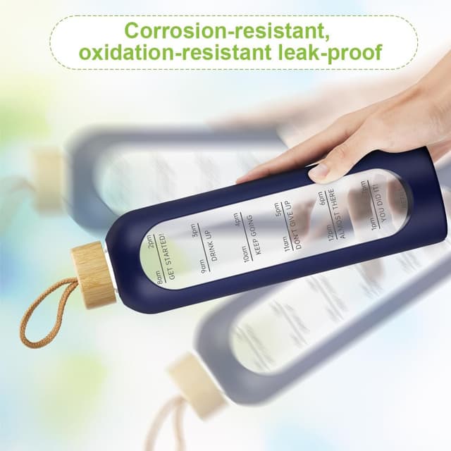 Detalle de AOOWU gourde en verre borosilicate 1 L avec couvercle bambou, marqueur de temps et étui silicone