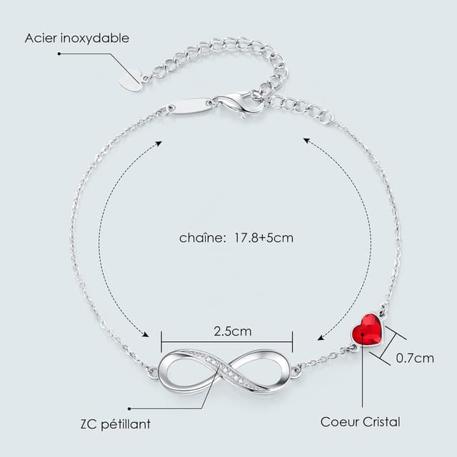 Detalle de Bracelet femme LOUISA SECRET en argent 925 forme cœur & infini, réglable